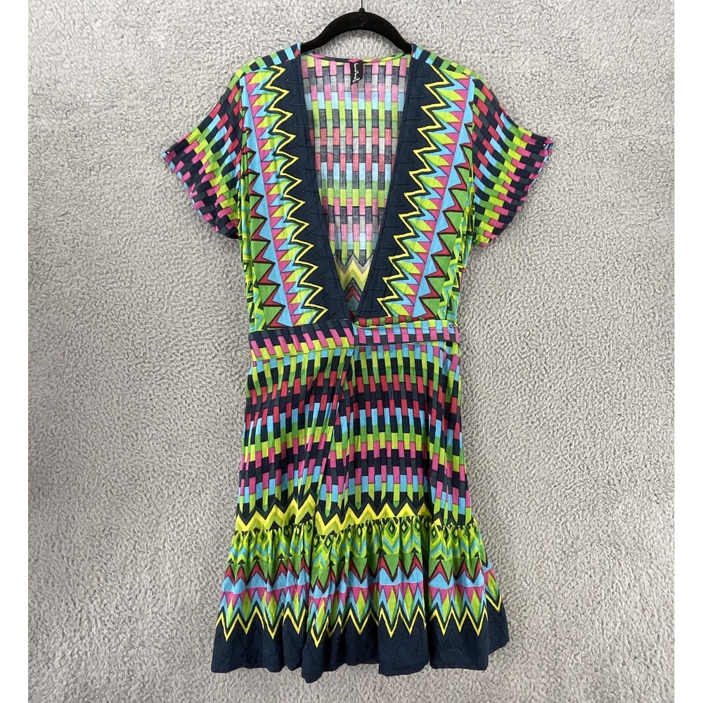 Sacred Threads Wrap Dress Womens S Multicolor Geometric V Neck Fit Flare Belted